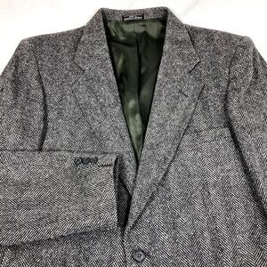 Barrington Vtg Tweed Wool Sport Coat Herringbone Gray Black 40 42 Men Preppy 70s